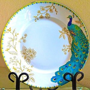 222 FIFTH PEACOCK GARDEN DINNER PLATE 10 INCH PEACOCK NEW GREEN BLUE PORCELAIN